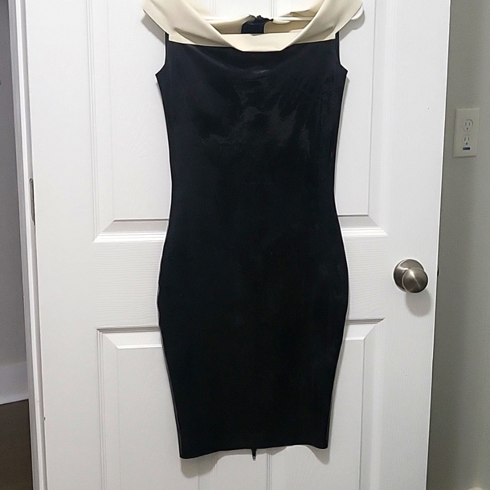 Black with white off shoulder latex dress